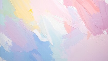 A vibrant wall painting featuring soft pastel colors, blending shades of pink, blue, and yellow, creating a serene and uplifting atmosphere.