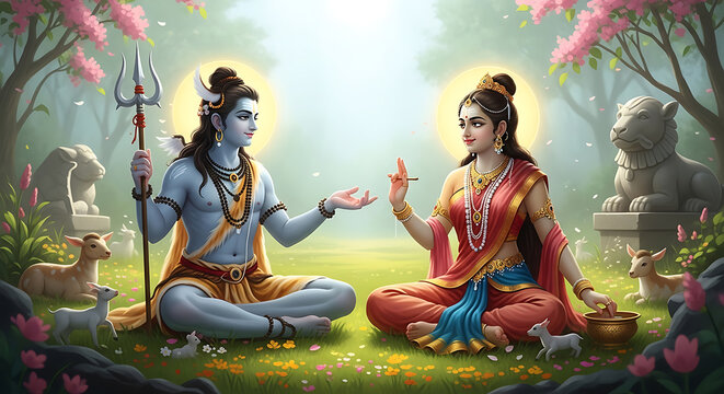 Divine harmony depiction of Shiva and Parvati in a serene natural setting adorned with flowers and