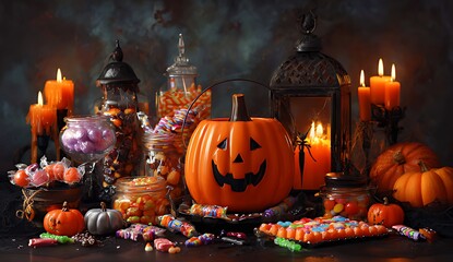 Spooky Halloween Candy Display with Jack-o'-Lanterns and Lanterns, A festive and spooky Halloween still life featuring a variety of colorful candies, displayed in glass jars and on a dark surface.