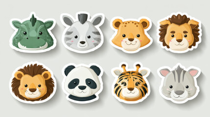 Fototapeta premium Cartoon Animal Head Stickers: Dragon, Zebra, Leopard, Lion, Panda, Giraffe