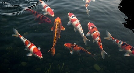 Koi fish swim in a dark pond with pebbles. Red, white, and orange colored fish are visible. The water is calm.