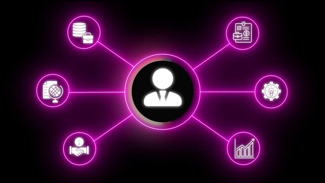 "Interactive Neon Dashboard &ndash; User-Centered Network with Business Icons on Black Background"