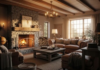 Fototapeta premium Rustic Living Room with Stone Fireplace