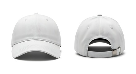 White baseball cap mockup showing front and back views. Blank dad hat template isolated on a white background for design presentation.