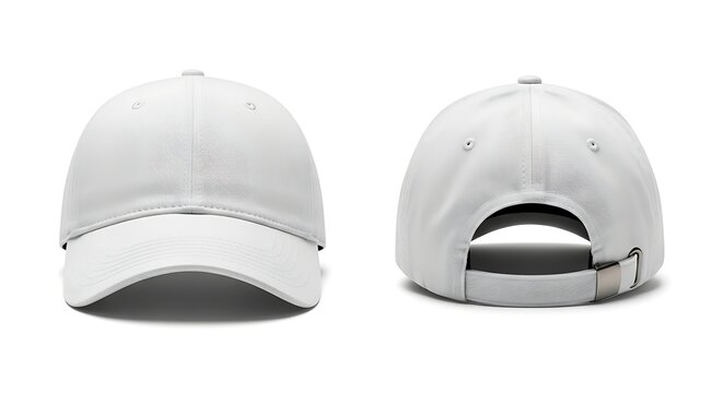 White baseball cap mockup showing front and back views. Blank dad hat template isolated on a white background for design presentation.