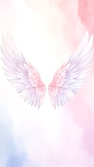 Delicate pink and white angel wings gracefully spread across a bright blue sky, softly illuminated by sunlight, evoking a sense of peace and serenity.