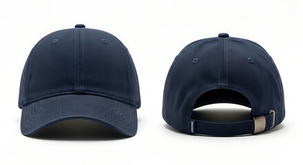 Classic navy blue baseball cap isolated on a white background. Front and back view of a blank hat, ideal for mockup or design templates.