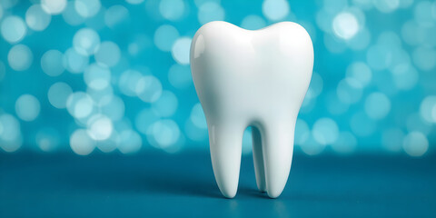 A shiny white tooth stands out against a sparkling blue background filled with soft bokeh lights, symbolizing dental health and hygiene