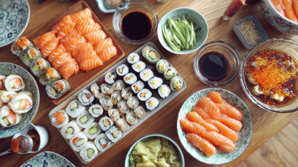 A beautiful and plentiful spread of fresh sushi and sashimi on a wooden table. The variety of rolls, nigiri, and sashimi is served with soy sauce, ginger, and vegetables, perfect for sharing