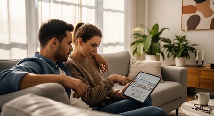Young Couple Planning Home Renovation and Design on Digital Tablet, Thoughtfully Browsing Ideas for Their Future Living Space