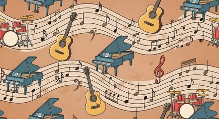 Obraz premium Vibrant musical montage features grand pianos guitars and drums on flowing sheet music background