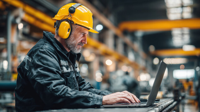A focused, mature engineer in a hard hat and hearing protection works on a laptop on the factory floor. He is a professional worker, combining technology with hands-on industrial work