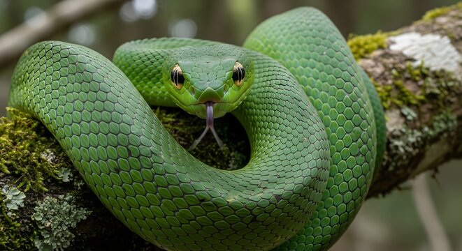 Highly closup shot of green snake on tree branch