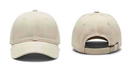 Plain beige baseball cap mockup shown in front and back view. Blank classic hat template isolated on white background for design.