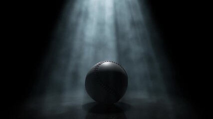 A generic baseball sports ball being lit by a single rotating and swirling ethereal light ray on a dark black background - Powered by Adobe