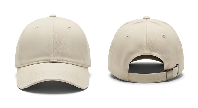 Plain beige baseball cap mockup shown in front and back view. Blank classic hat template isolated on white background for design.