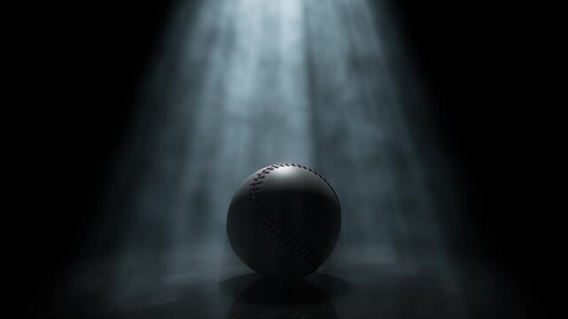 A generic baseball sports ball being lit by a single rotating and swirling ethereal light ray on a dark black background