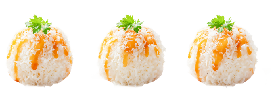 Three rice balls drizzled with caramel sauce and parsley isolated on transparent background