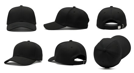 A collection of blank black baseball caps shown from front, side, and back views. Headwear accessory template isolated on a white background.