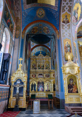 Obraz premium Interior of the medieval Christian Transfiguration Cathedral with icon and paintings on the island of Valaam in Karelia