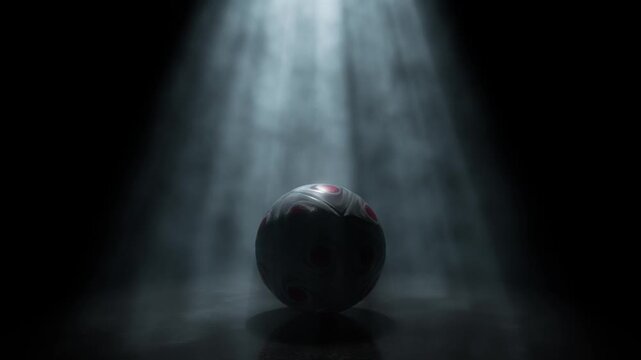 A generic soccer football sports ball being lit by a single rotating and swirling ethereal light ray on a dark black background
