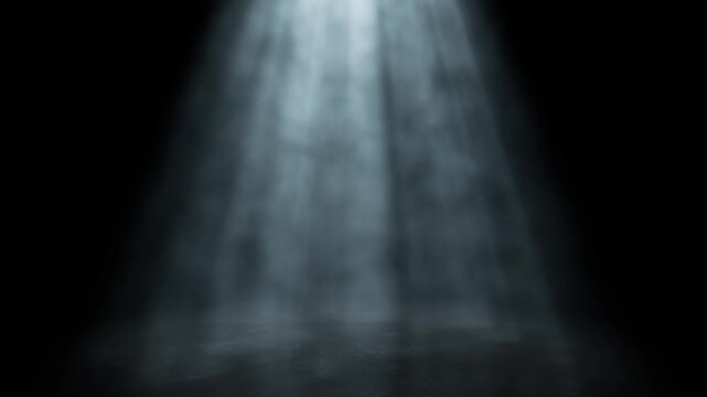 A single rotating and swirling ethereal light ray on a dark black stage background