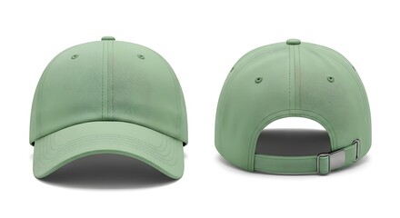 Classic light green baseball cap shown from the front and back. An isolated apparel mockup template for design.