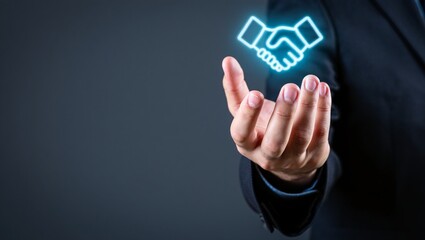 Businessperson offers digital handshake symbol for partnership and agreement
