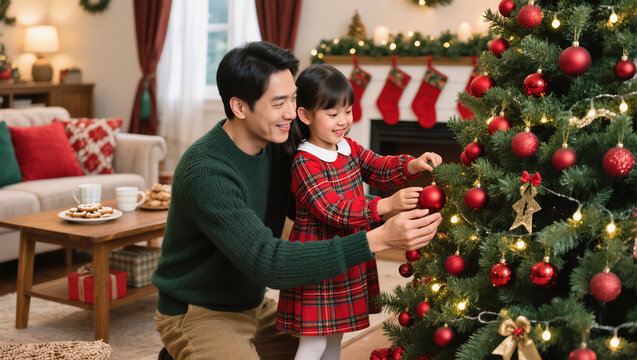 Christmas moment as father and daughter decorate festive tree with red ornaments and lights in cozy living room.