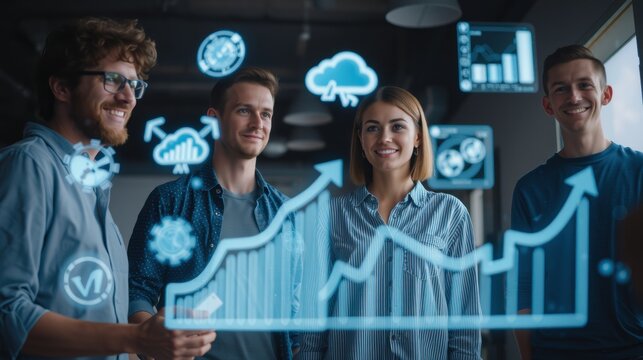 Group of diverse young professionals collaborating in a modern office with digital data charts and cloud computing icons displayed on screens for innovative business strategy