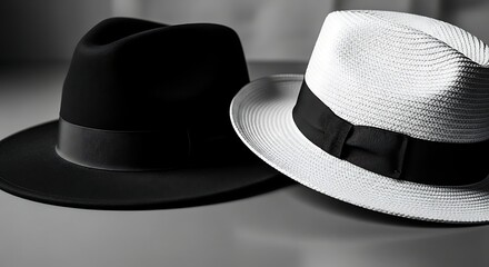 A classic black fedora and a white woven hat in a stylish monochrome still life. A conceptual image representing duality, contrast, and timeless fashion.