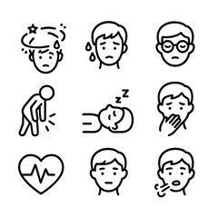 Medical Symptom Icons. Outline icon set of medical collapse symptoms: dizziness, sweating, blurred vision, weakness,