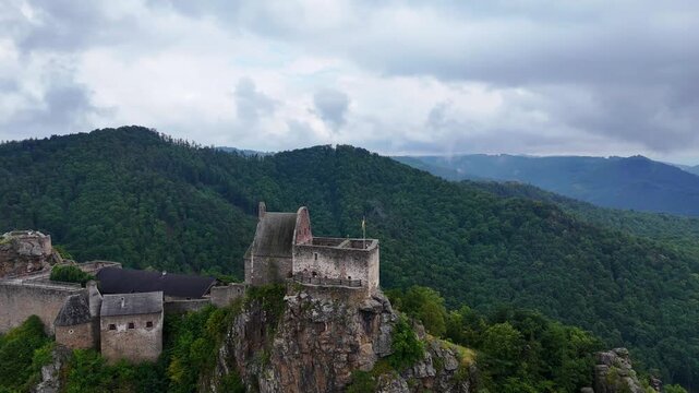 Aerial orbit counterclockwise of Aggstein Castle on a hilltop, Austria, 4K
