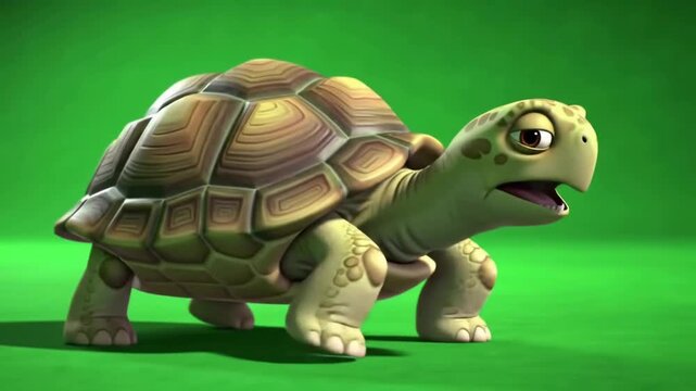 A cartoon tortoise with a textured shell and expressive eyes stands on a vibrant green background