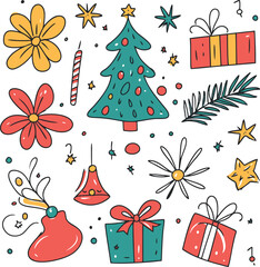 A seamless Christmas pattern set with winter holiday illustrations and festive decorations like snowflakes, trees, and gifts, perfect for a new year's design