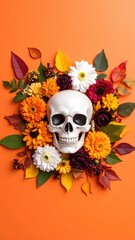 Fototapeta premium A beautifully detailed skull adorned with vibrant flowers and lush green leaves, set against a striking orange background, creating a captivating contrast.