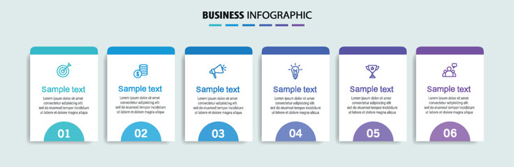 Business infographic design template with 6 options, steps or processes. Can be used for workflow layout, diagram, annual report, web design	