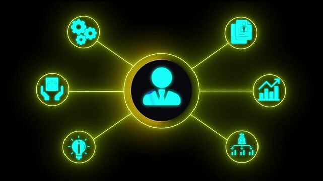 "Interactive Neon Dashboard &ndash; User-Centered Network with Business Icons on Black Background"
