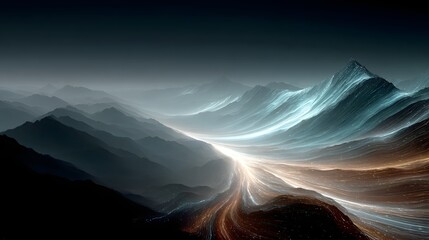 4. Fast moving luminous streaks over high contrast digital terrain suggesting intense momentum and high tech environment