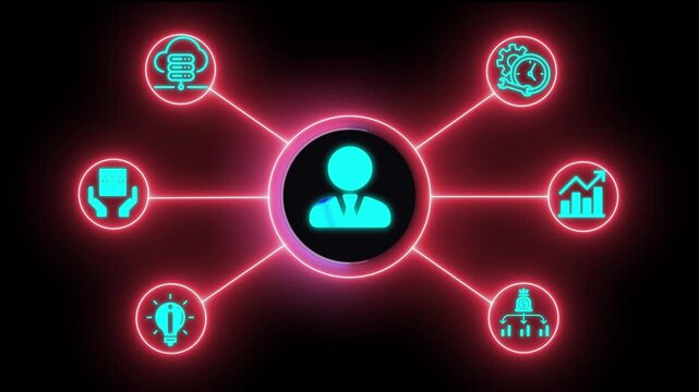 "Interactive Neon Dashboard &ndash; User-Centered Network with Business Icons on Black Background"