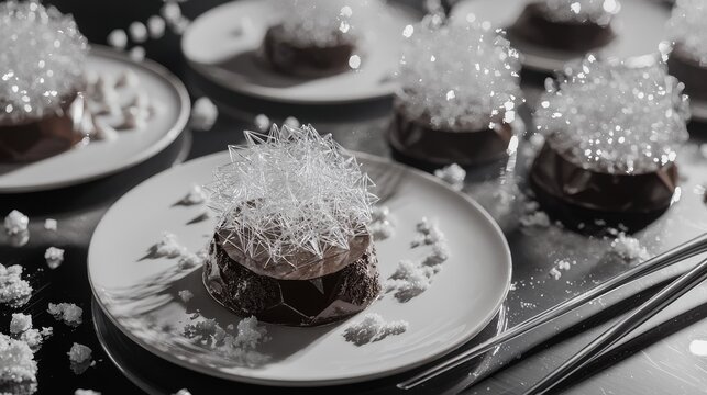 Isomalt decoration positioning geometric crystal structures on premium chocolate desserts in elegant restaurant presentation