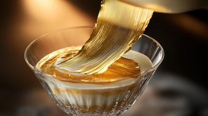 Gold leaf application moment on premium restaurant dessert, gossamer-thin edible gold sheets decorating elegant layered cream in crystal glass with warm lighting