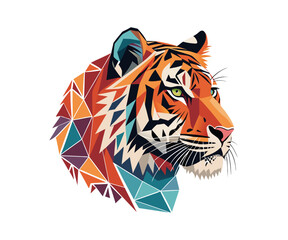 Geometric Tiger Portrait: A captivating, artistic portrayal of a tiger's head, meticulously crafted using geometric shapes in vibrant colors to create a striking visual impact.