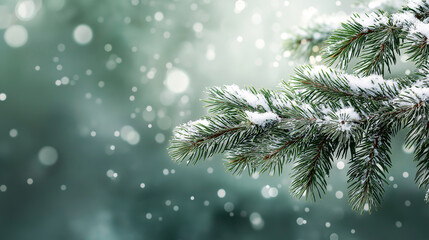Snow-covered pine branches against a soft bokeh backdrop, creating a tranquil and festive winter atmosphere. Perfect for seasonal ads, greeting cards, and nature-themed designs.