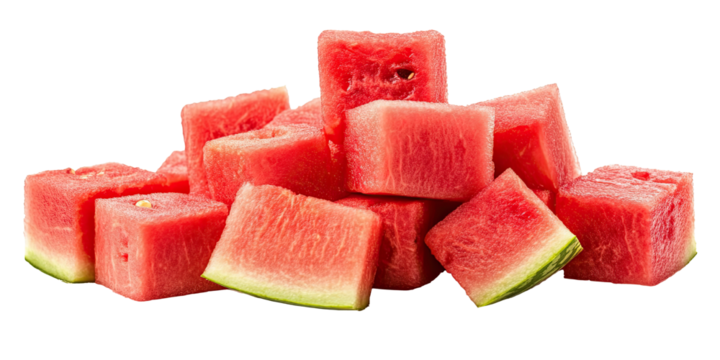 Fresh watermelon cubes stacked  isolated on white transparent background