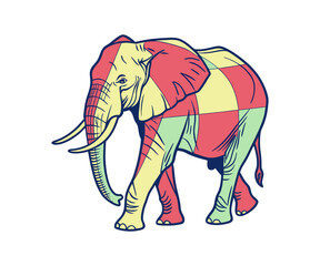 Colorfully Abstract Elephant: A striking artistic rendition of an elephant, rendered in a bold, graphic style with a patchwork of vibrant colors, showcasing the majestic form and spirit of the animal.