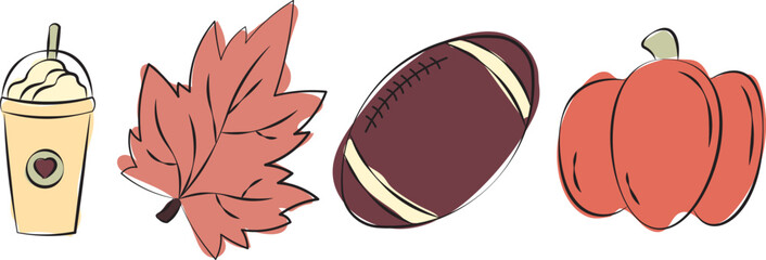 Fall things latte, leaf, football, pumpkin vector illustration. Autumn clothes design.