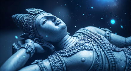 Serene slumber, ethereal essence: A sculpture in tranquil repose under a starlit cosmic expanse