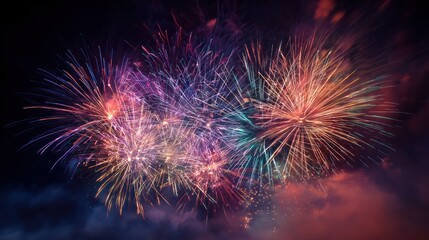 Festive Fireworks Display: A mesmerizing cascade of vibrant fireworks illuminates the night sky, painting a portrait of joy and celebration. Bursting with colors and light.