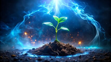 A vibrant green plant seedling sprouting from dark soil, enveloped in a powerful, glowing blue energy field, symbolizing new life, growth, and the dynamic forces of nature and innovation